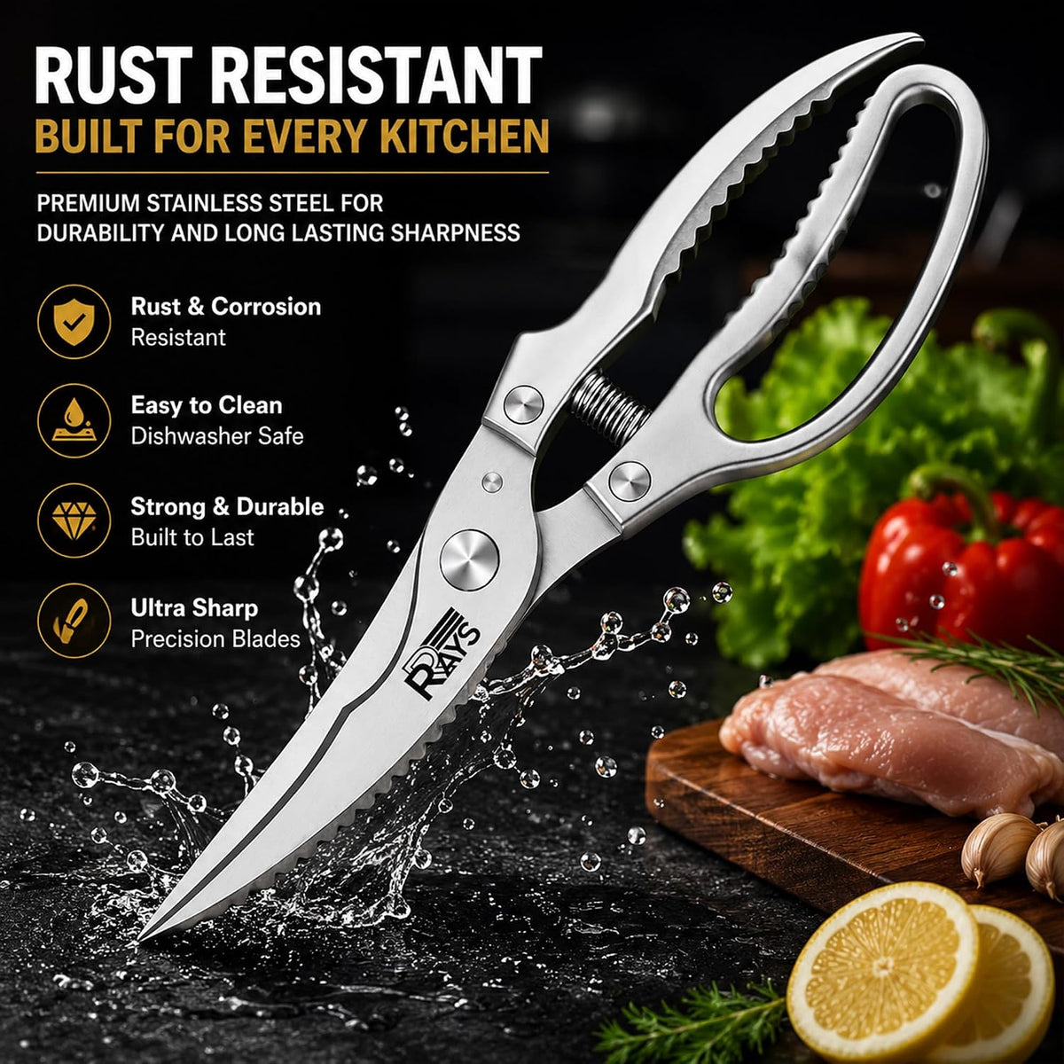 Heavy Duty Poultry Shears, Spring Loaded Kitchen Scissors for Chicken, Turkey, Meat & Fish, Stainless Steel Meat Scissors & Chicken Bone Cutter, Dishwasher Safe with Safety Lock & Gift Box