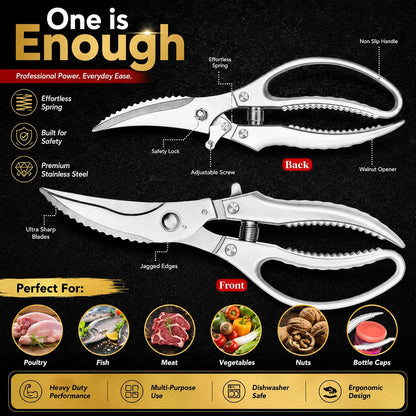Heavy Duty Poultry Shears, Spring Loaded Kitchen Scissors for Chicken, Turkey, Meat & Fish, Stainless Steel Meat Scissors & Chicken Bone Cutter, Dishwasher Safe with Safety Lock & Gift Box