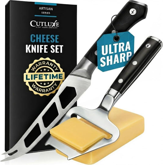 Cheese Knife Set, 5" Knife & 3.5" Slicer for Soft & Hard Cheese | Pronged, Non-Stick Stainless Steel Blades, Pakkawood Handles for Charcuterie Board