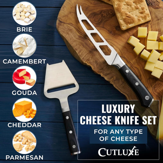 Cheese Knife Set, 5" Knife & 3.5" Slicer for Soft & Hard Cheese | Pronged, Non-Stick Stainless Steel Blades, Pakkawood Handles for Charcuterie Board