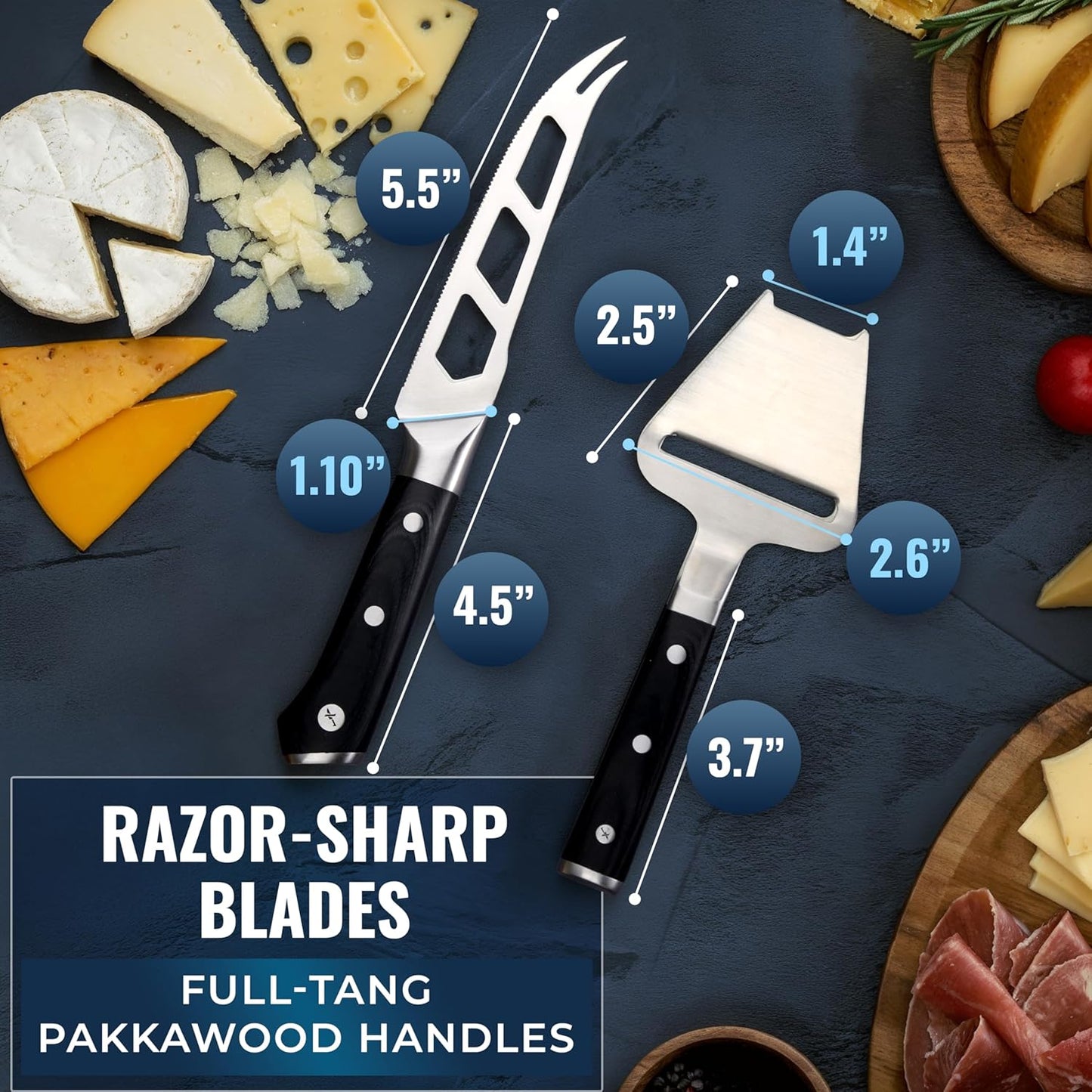 Cheese Knife Set, 5" Knife & 3.5" Slicer for Soft & Hard Cheese | Pronged, Non-Stick Stainless Steel Blades, Pakkawood Handles for Charcuterie Board
