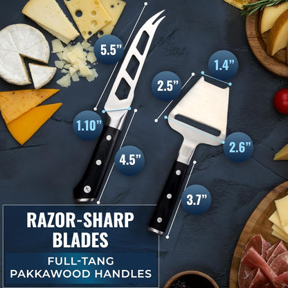 Cheese Knife Set, 5" Knife & 3.5" Slicer for Soft & Hard Cheese | Pronged, Non-Stick Stainless Steel Blades, Pakkawood Handles for Charcuterie Board