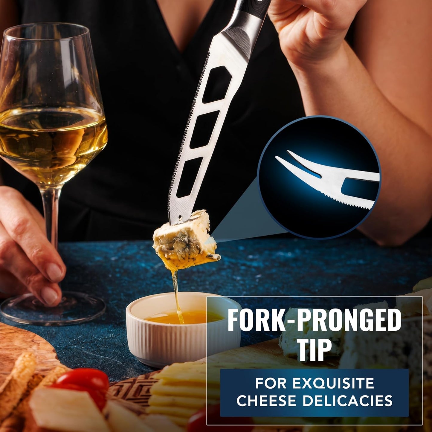 Cheese Knife Set, 5" Knife & 3.5" Slicer for Soft & Hard Cheese | Pronged, Non-Stick Stainless Steel Blades, Pakkawood Handles for Charcuterie Board