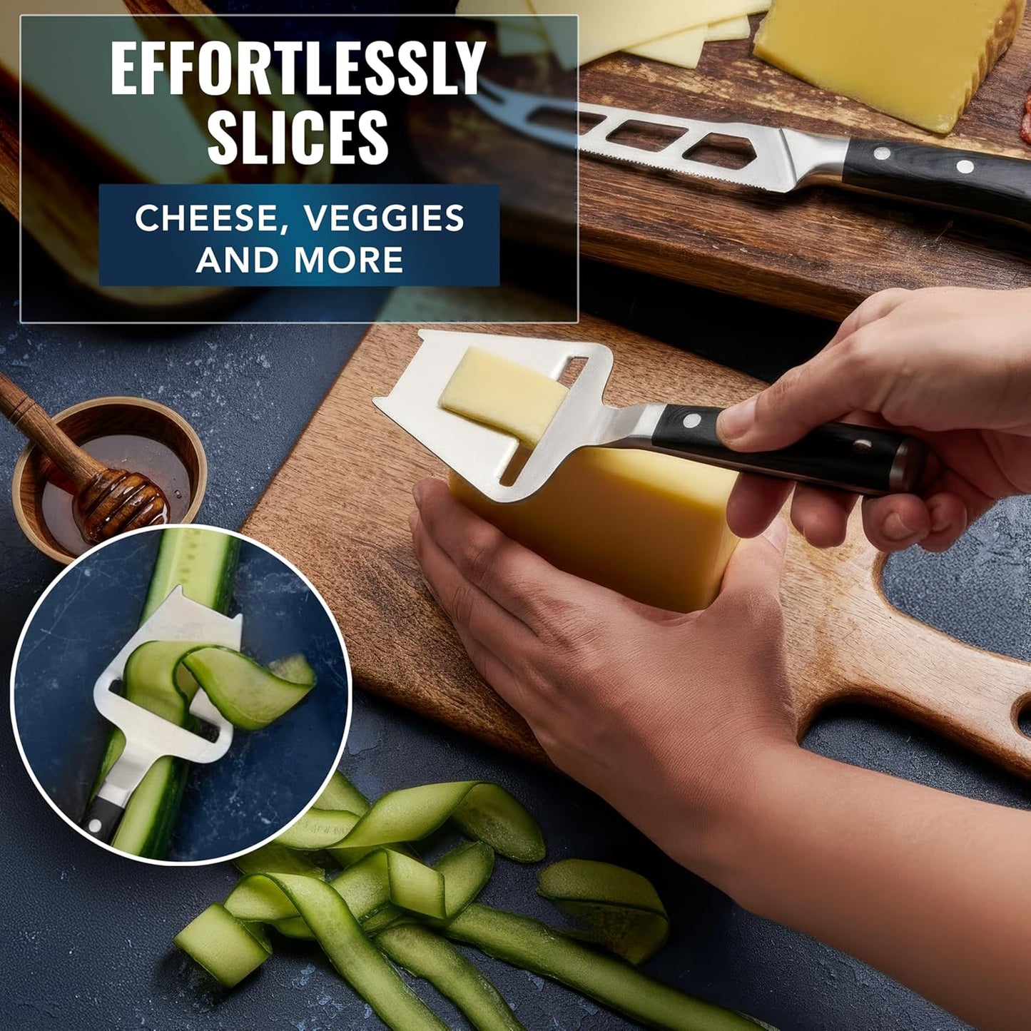 Cheese Knife Set, 5" Knife & 3.5" Slicer for Soft & Hard Cheese | Pronged, Non-Stick Stainless Steel Blades, Pakkawood Handles for Charcuterie Board