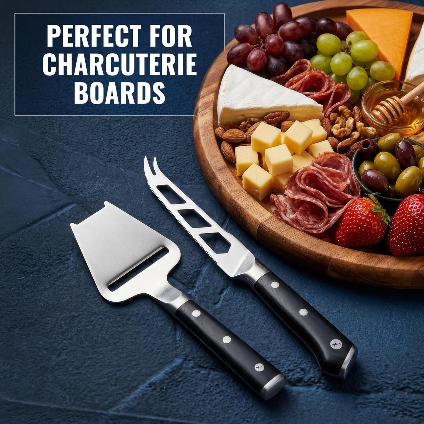 Cheese Knife Set, 5" Knife & 3.5" Slicer for Soft & Hard Cheese | Pronged, Non-Stick Stainless Steel Blades, Pakkawood Handles for Charcuterie Board