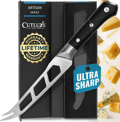 Cheese Knife Set, 5" Knife & 3.5" Slicer for Soft & Hard Cheese | Pronged, Non-Stick Stainless Steel Blades, Pakkawood Handles for Charcuterie Board
