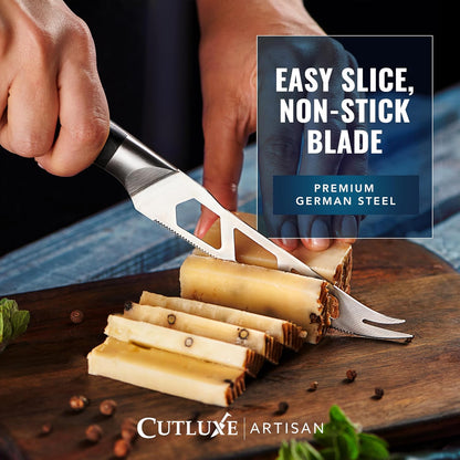 Cheese Knife Set, 5" Knife & 3.5" Slicer for Soft & Hard Cheese | Pronged, Non-Stick Stainless Steel Blades, Pakkawood Handles for Charcuterie Board