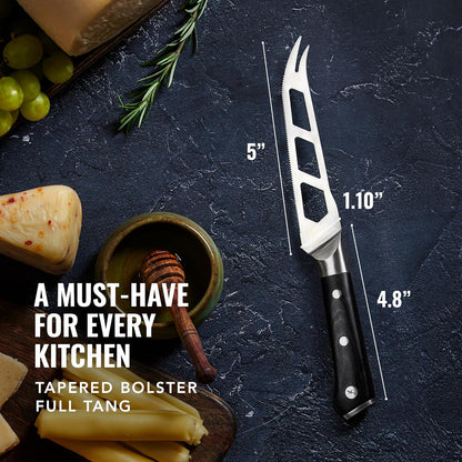 Cheese Knife Set, 5" Knife & 3.5" Slicer for Soft & Hard Cheese | Pronged, Non-Stick Stainless Steel Blades, Pakkawood Handles for Charcuterie Board
