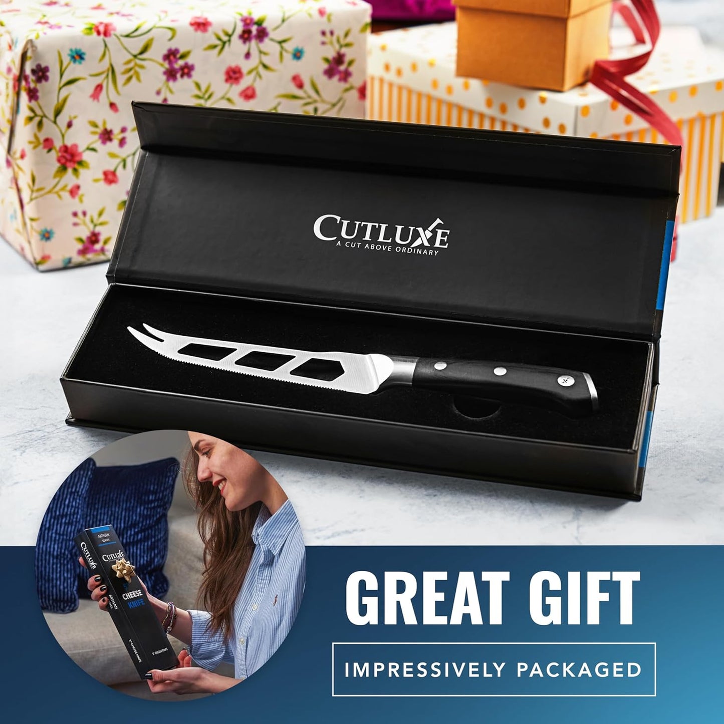 Cheese Knife Set, 5" Knife & 3.5" Slicer for Soft & Hard Cheese | Pronged, Non-Stick Stainless Steel Blades, Pakkawood Handles for Charcuterie Board