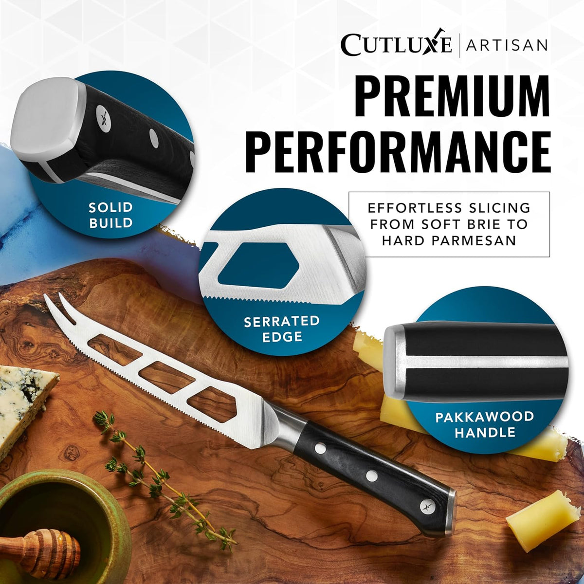 Cheese Knife Set, 5" Knife & 3.5" Slicer for Soft & Hard Cheese | Pronged, Non-Stick Stainless Steel Blades, Pakkawood Handles for Charcuterie Board