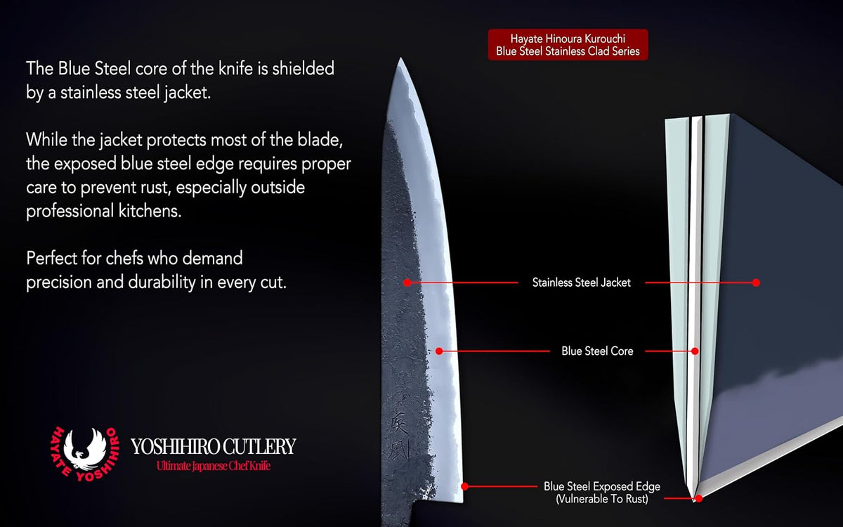 Yoshihiro Hayate Hinoura Kurouchi Black-Forged Blue Steel Stainless Clad Gyuto Chefs Knife (9.5" (240mm))