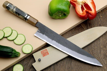 Yoshihiro Hayate Hinoura Kurouchi Black-Forged Blue Steel Stainless Clad Gyuto Chefs Knife (9.5" (240mm))