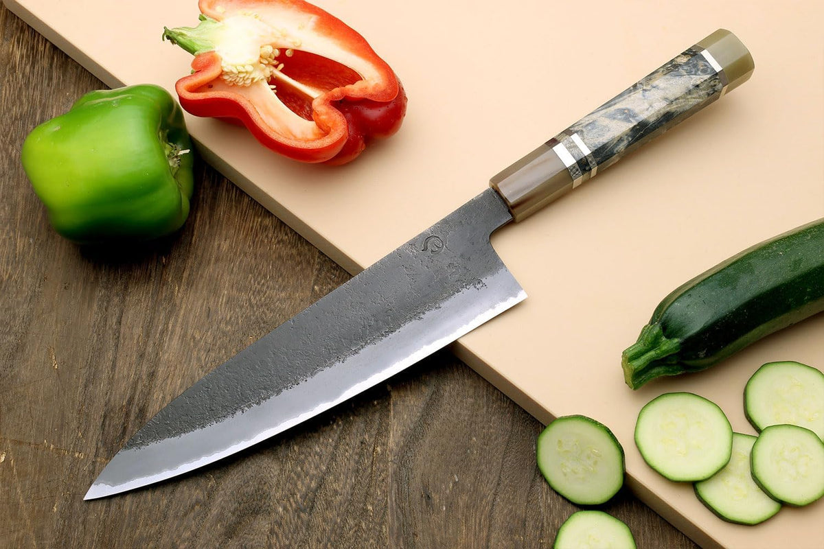 Yoshihiro Hayate Hinoura Kurouchi Black-Forged Blue Steel Stainless Clad Gyuto Chefs Knife (9.5" (240mm))