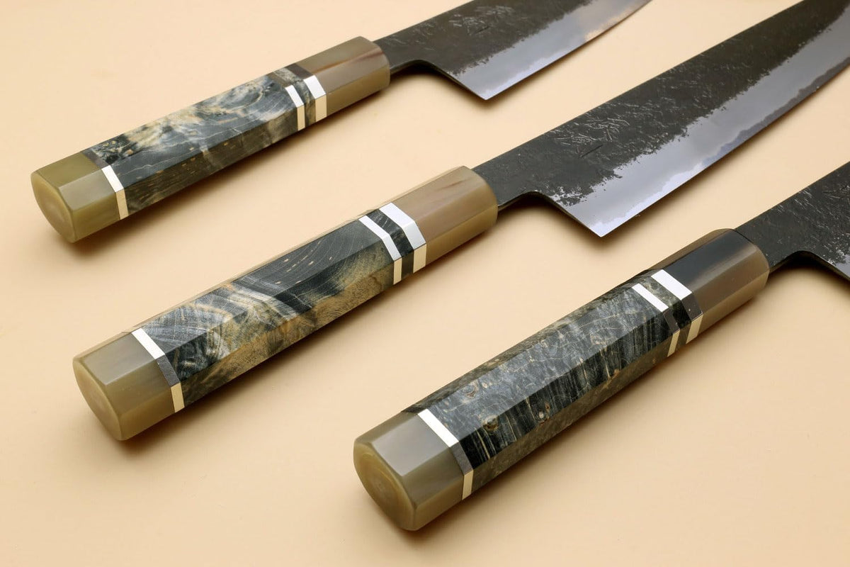 Yoshihiro Hayate Hinoura Kurouchi Black-Forged Blue Steel Stainless Clad Gyuto Chefs Knife (9.5" (240mm))