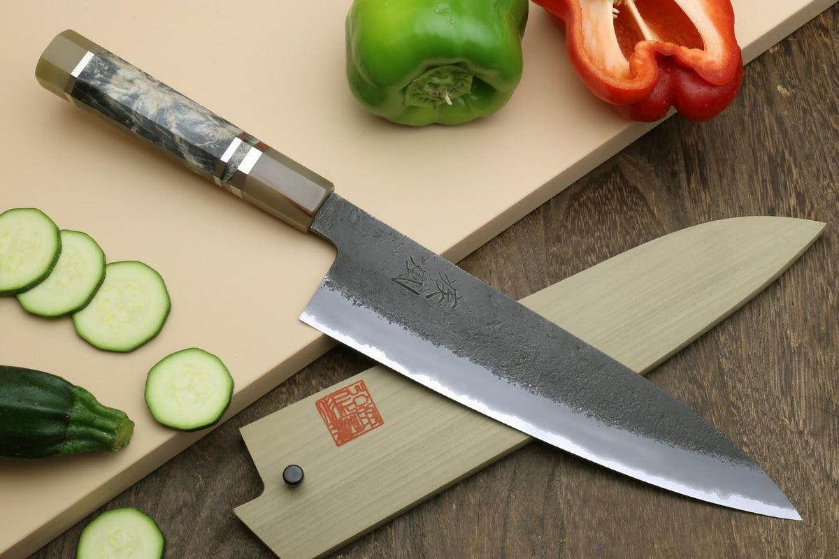 Yoshihiro Hayate Hinoura Kurouchi Black-Forged Blue Steel Stainless Clad Gyuto Chefs Knife (9.5" (240mm))