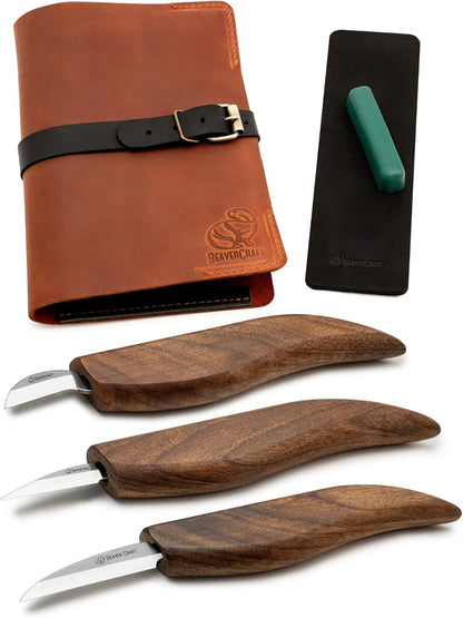 Wood Carving Knife Set Deluxe S15X - Wood Carving Kit with Detail Chip Knife, Sloyd Roughing Whittling Knives & Leather Strop - Whittling Tools Set with Leather Case for Carvers
