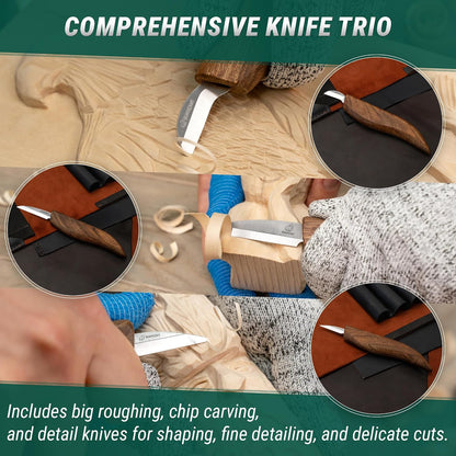 Wood Carving Knife Set Deluxe S15X - Wood Carving Kit with Detail Chip Knife, Sloyd Roughing Whittling Knives & Leather Strop - Whittling Tools Set with Leather Case for Carvers