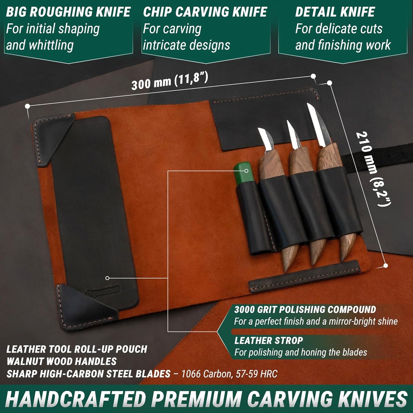 Wood Carving Knife Set Deluxe S15X - Wood Carving Kit with Detail Chip Knife, Sloyd Roughing Whittling Knives & Leather Strop - Whittling Tools Set with Leather Case for Carvers