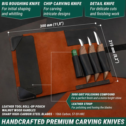 Wood Carving Knife Set Deluxe S15X - Wood Carving Kit with Detail Chip Knife, Sloyd Roughing Whittling Knives & Leather Strop - Whittling Tools Set with Leather Case for Carvers