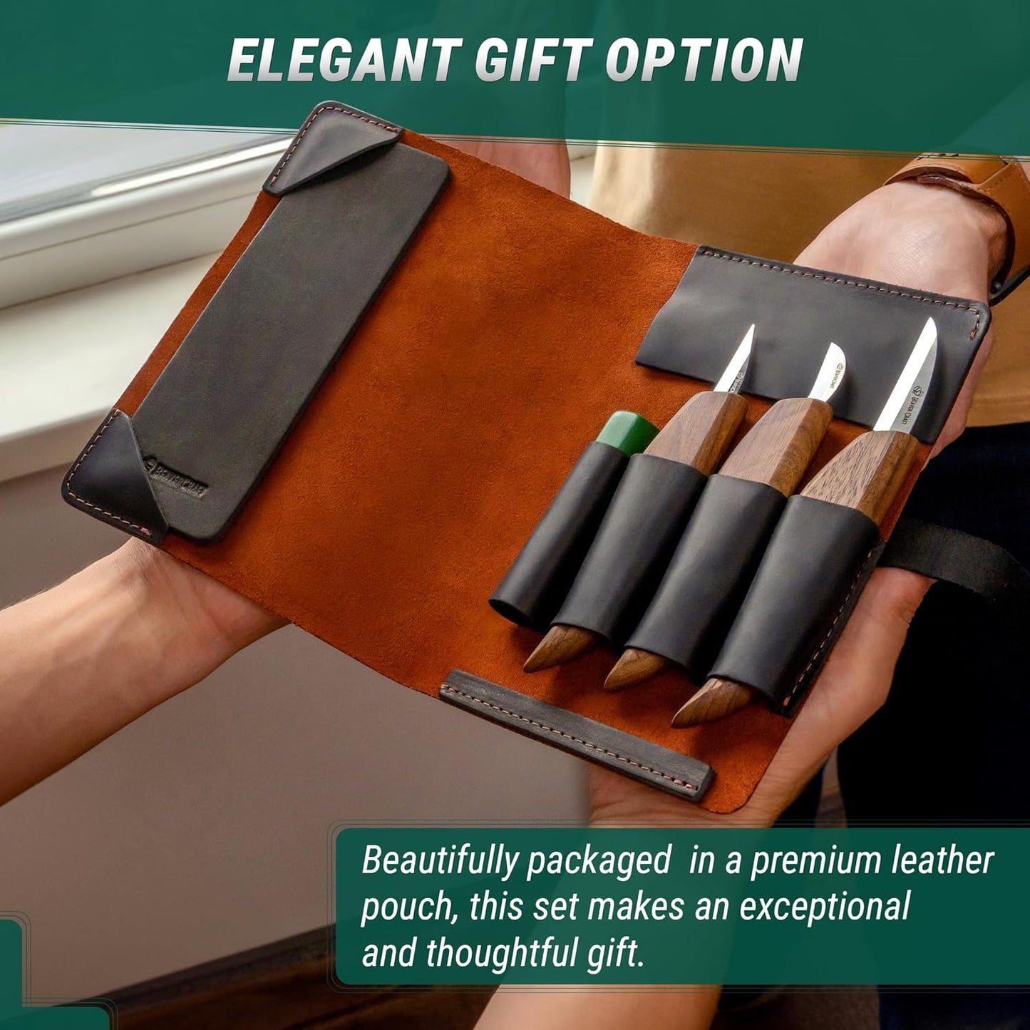 Wood Carving Knife Set Deluxe S15X - Wood Carving Kit with Detail Chip Knife, Sloyd Roughing Whittling Knives & Leather Strop - Whittling Tools Set with Leather Case for Carvers