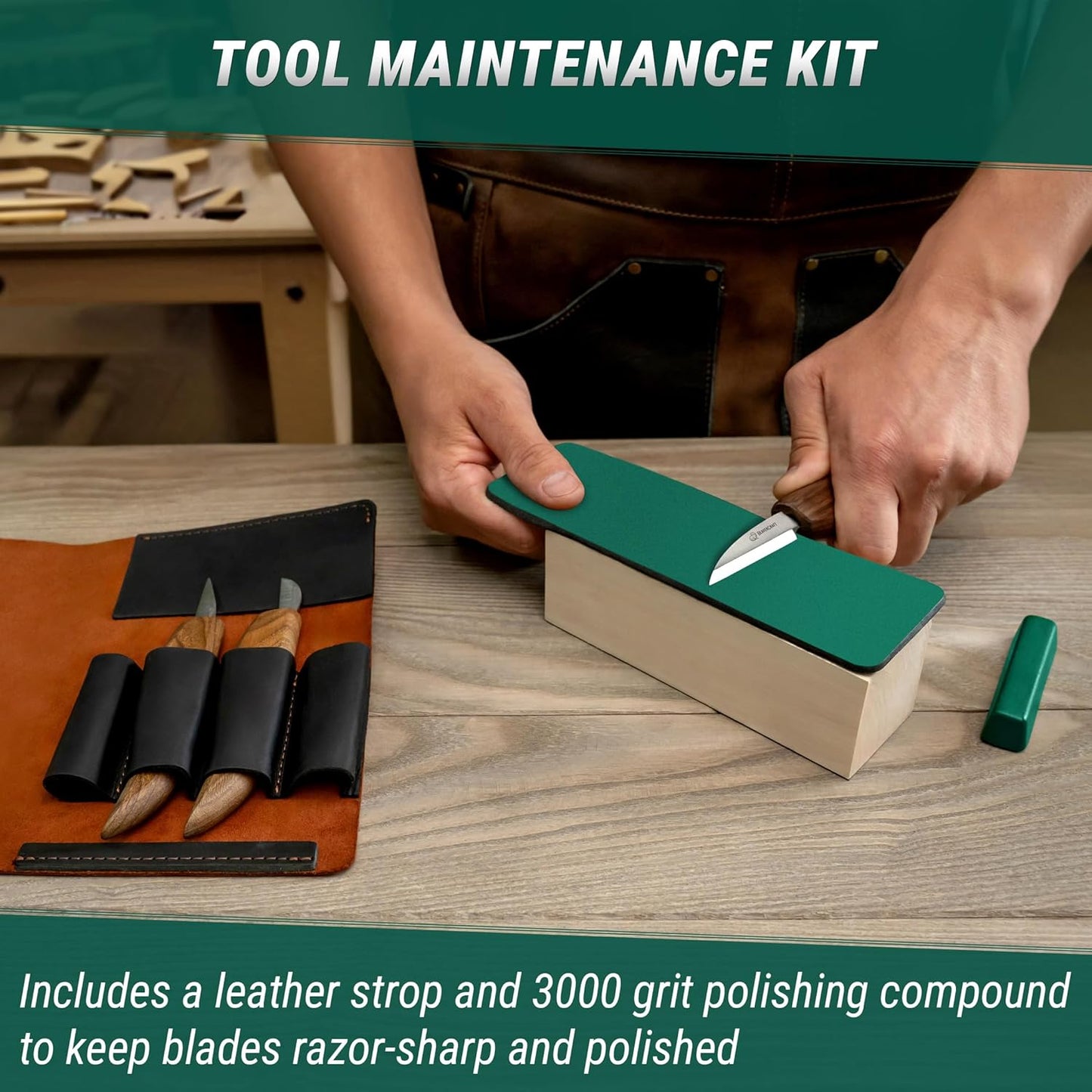 Wood Carving Knife Set Deluxe S15X - Wood Carving Kit with Detail Chip Knife, Sloyd Roughing Whittling Knives & Leather Strop - Whittling Tools Set with Leather Case for Carvers