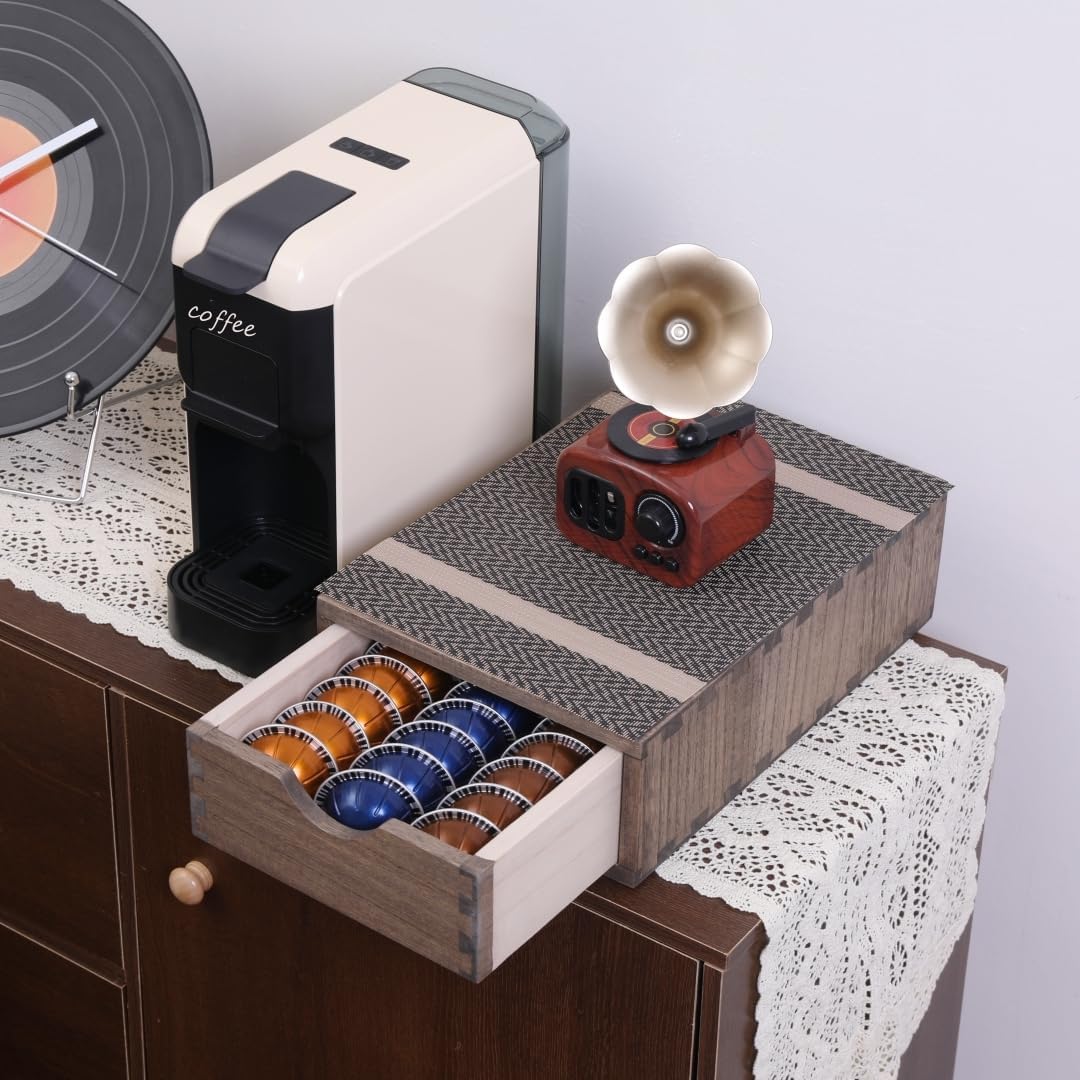 Drawer Organizer Coffee Pod Holder - Kitchen Cutlery Storage Accessories/ K-Cup Drawers with Detachable Wooden Partition - Coffee Capsules Organization Counter - Wood desktop Small Cabinets