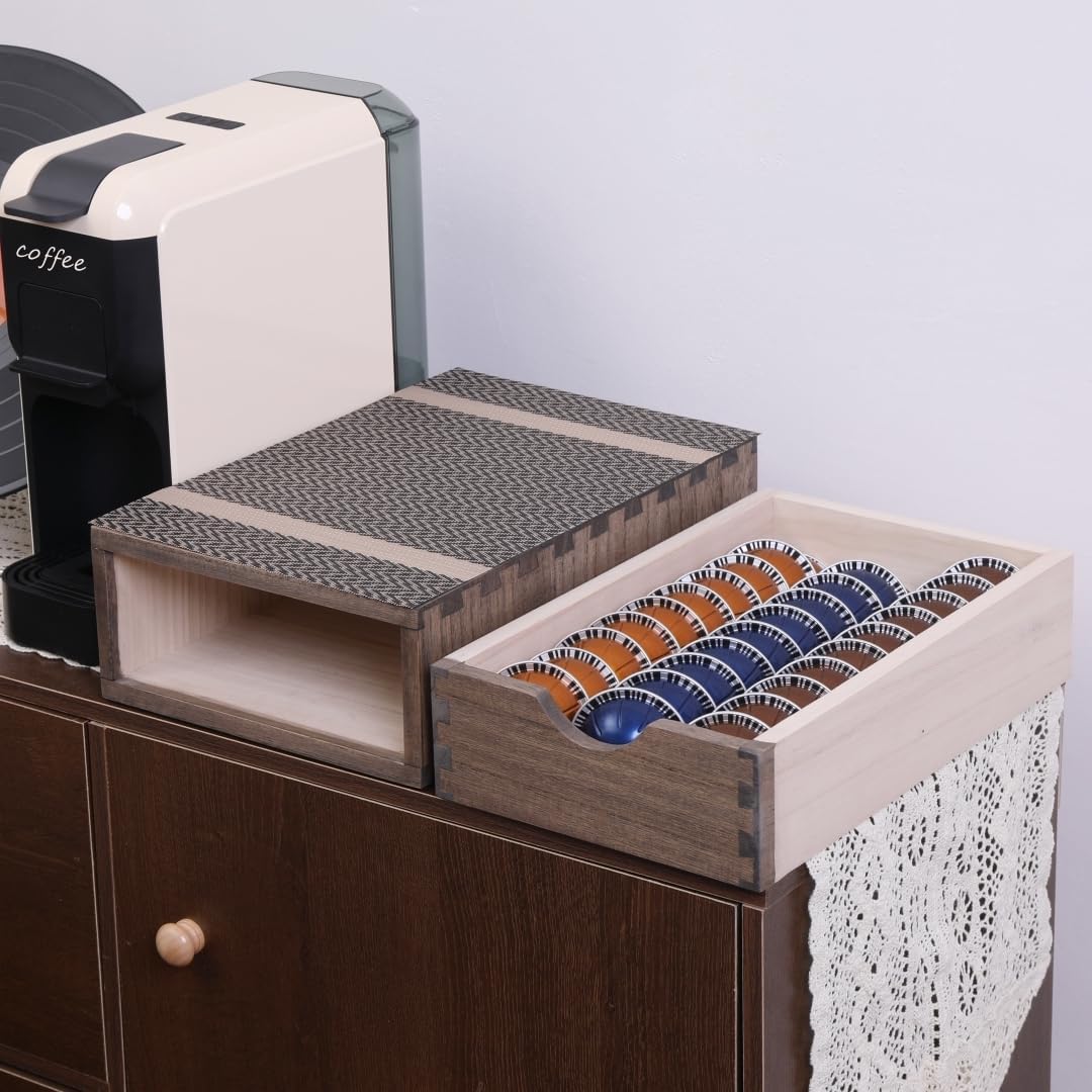 Drawer Organizer Coffee Pod Holder - Kitchen Cutlery Storage Accessories/ K-Cup Drawers with Detachable Wooden Partition - Coffee Capsules Organization Counter - Wood desktop Small Cabinets