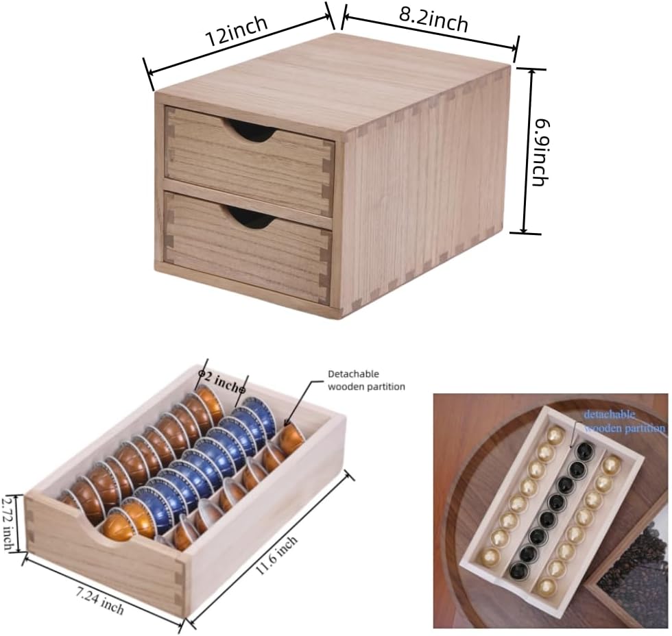 Drawer Organizer Coffee Pod Holder - Kitchen Cutlery Storage Accessories/ K-Cup Drawers with Detachable Wooden Partition - Coffee Capsules Organization Counter - Wood desktop Small Cabinets