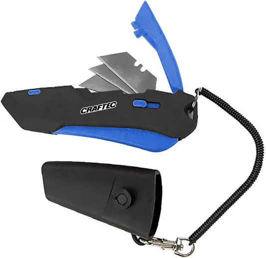 Retractable Utility Knife Box Cutter with Holster & Lanyard - The Ultimate Tool for Precise Cuts, 3 Blade Settings, Ergonomic Design, Left & Right Hand Friendly, Quick Blade Change CT5 (Blue)