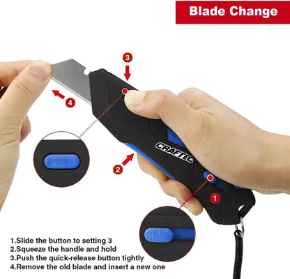 Retractable Utility Knife Box Cutter with Holster & Lanyard - The Ultimate Tool for Precise Cuts, 3 Blade Settings, Ergonomic Design, Left & Right Hand Friendly, Quick Blade Change CT5 (Blue)