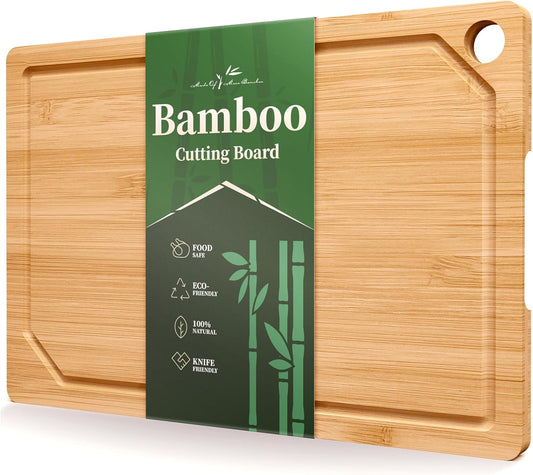 Bamboo Cutting Board for Kitchen, Large, Natural | Multi-Sizes Wooden Cutting Boards for Chopping & Serving, Convenient Kitchen Essentials, Deep Juice Grooves