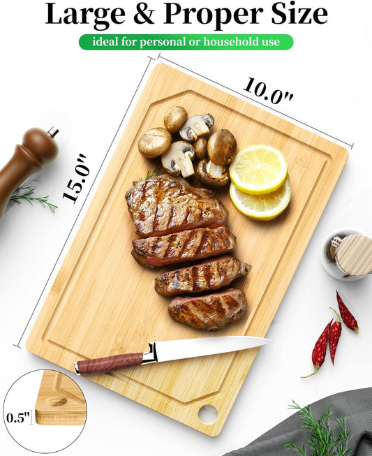 Bamboo Cutting Board for Kitchen, Large, Natural | Multi-Sizes Wooden Cutting Boards for Chopping & Serving, Convenient Kitchen Essentials, Deep Juice Grooves