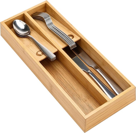 Small Bamboo Silverware Organizer for Drawer Utensil Tray Wood Cutlery Organizer Holder Narrow Flatware Caddy Wooden Kitchen Utensil Cutlery Drawer Skinny Fork and Spoon Silverware Organizer Tray