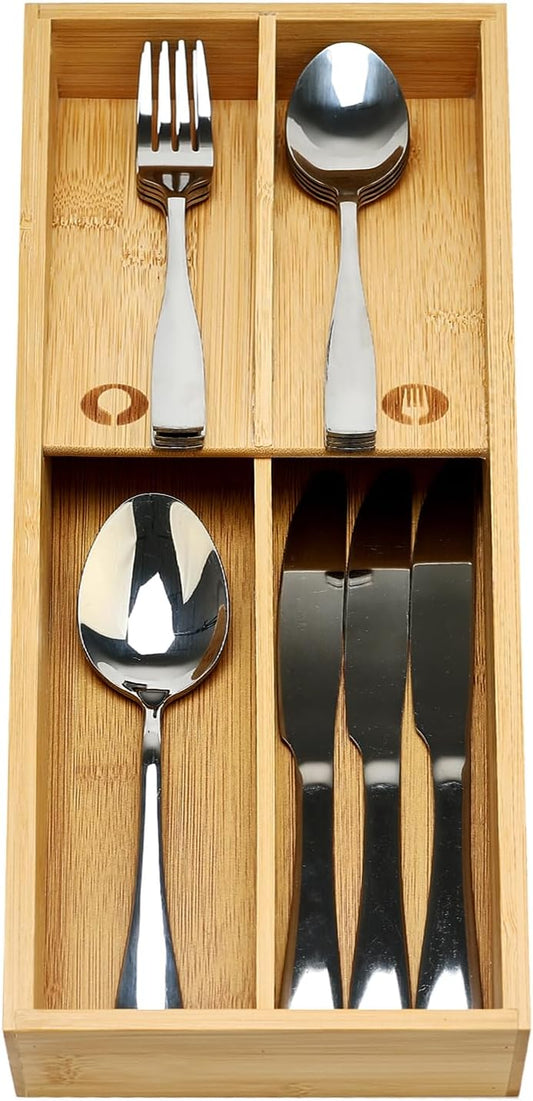 Small Bamboo Silverware Organizer for Drawer Utensil Tray Wood Cutlery Organizer Holder Narrow Flatware Caddy Wooden Kitchen Utensil Cutlery Drawer Skinny Fork and Spoon Silverware Organizer Tray