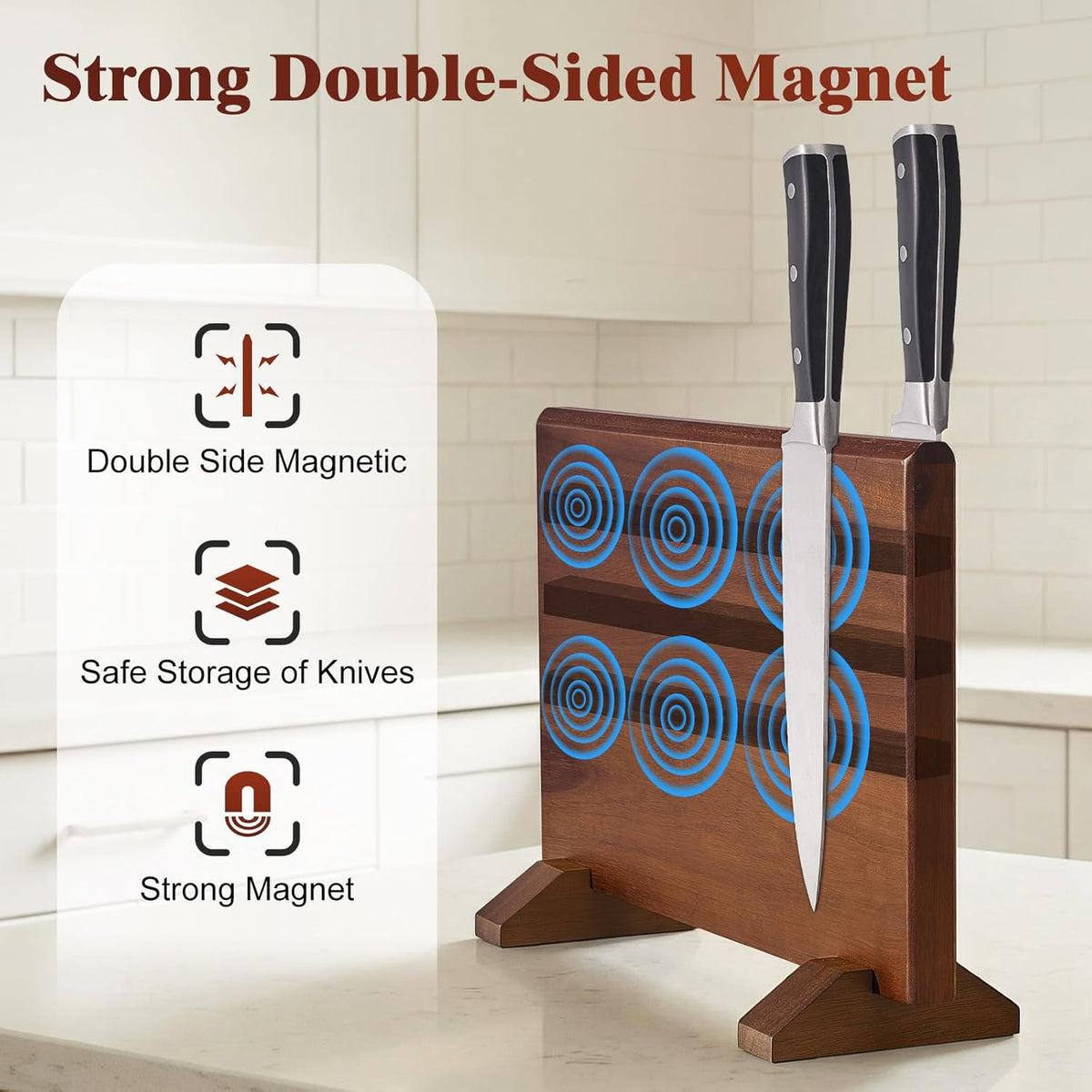 Magnetic Knife Block, Double-Sided Thick Acacia Wood Knife Holder Stand with Strong Magnets, Multifunctional Kitchen Knife Storage Organizer for Countertop