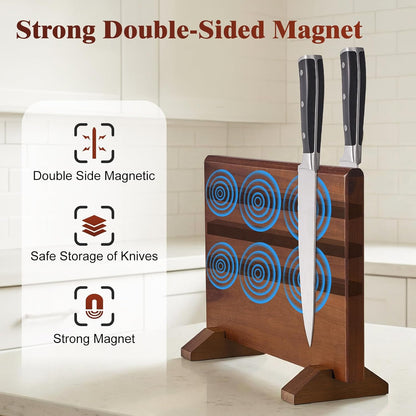 Magnetic Knife Block, Double-Sided Thick Acacia Wood Knife Holder Stand with Strong Magnets, Multifunctional Kitchen Knife Storage Organizer for Countertop