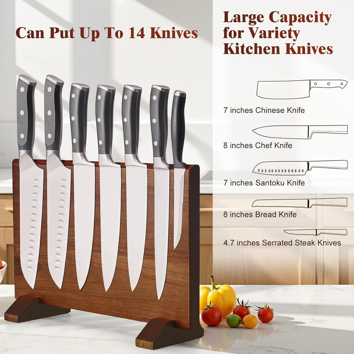 Magnetic Knife Block, Double-Sided Thick Acacia Wood Knife Holder Stand with Strong Magnets, Multifunctional Kitchen Knife Storage Organizer for Countertop