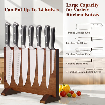 Magnetic Knife Block, Double-Sided Thick Acacia Wood Knife Holder Stand with Strong Magnets, Multifunctional Kitchen Knife Storage Organizer for Countertop