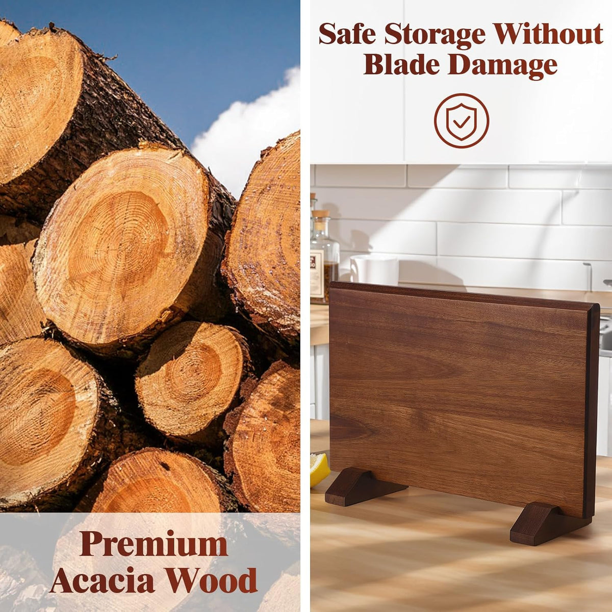 Magnetic Knife Block, Double-Sided Thick Acacia Wood Knife Holder Stand with Strong Magnets, Multifunctional Kitchen Knife Storage Organizer for Countertop