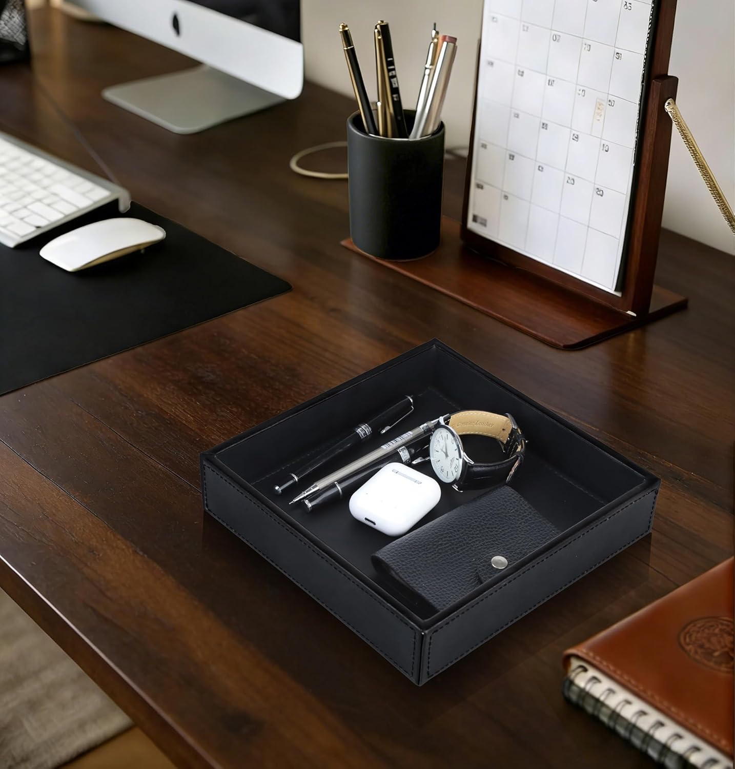 Faux Leather Vanity Tray, Elegant Desktop Storage Organizer, Decorative Catchall for Perfume, Bathroom Valet, Nightstand or Dresser, 10.2 x 8.4 x 1.8 inches (Grey Stripe)