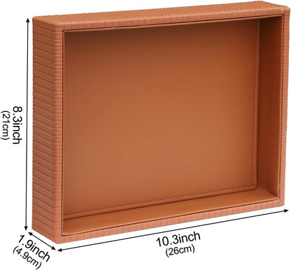 Faux Leather Vanity Tray, Elegant Desktop Storage Organizer, Decorative Catchall for Perfume, Bathroom Valet, Nightstand or Dresser, 10.2 x 8.4 x 1.8 inches (Grey Stripe)