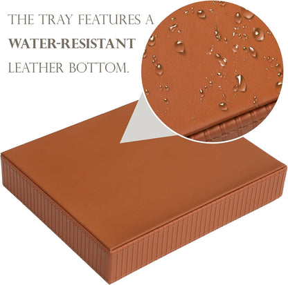 Faux Leather Vanity Tray, Elegant Desktop Storage Organizer, Decorative Catchall for Perfume, Bathroom Valet, Nightstand or Dresser, 10.2 x 8.4 x 1.8 inches (Grey Stripe)