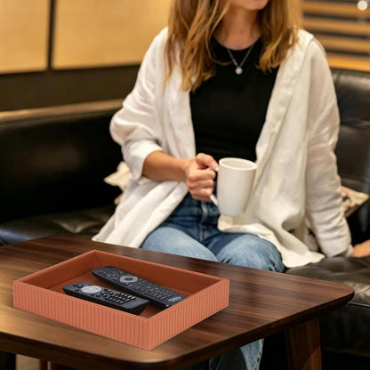 Faux Leather Vanity Tray, Elegant Desktop Storage Organizer, Decorative Catchall for Perfume, Bathroom Valet, Nightstand or Dresser, 10.2 x 8.4 x 1.8 inches (Grey Stripe)