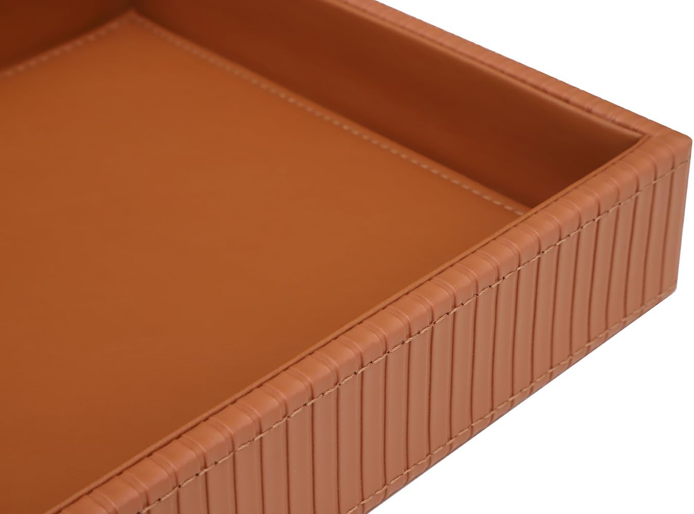Faux Leather Vanity Tray, Elegant Desktop Storage Organizer, Decorative Catchall for Perfume, Bathroom Valet, Nightstand or Dresser, 10.2 x 8.4 x 1.8 inches (Grey Stripe)