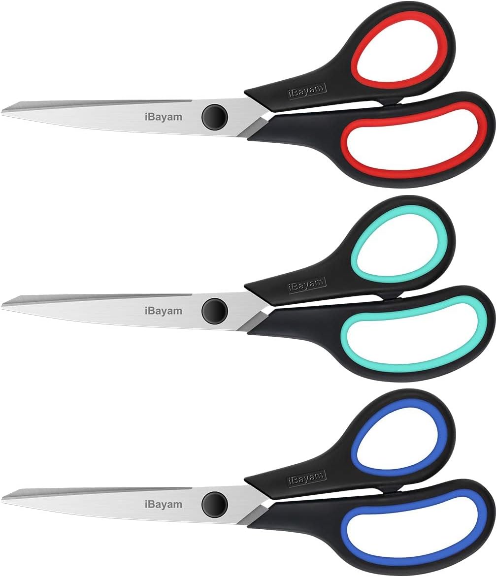 iBayam 8.5" Heavy Duty Scissors All Purpose for Office School Crafts Sewing | 3-Pack, Ultra-Sharp 2.5mm Stainless Blades, Comfort Grip Handles, Left & Right Handed – Teacher Desk & Classroom Must-Have