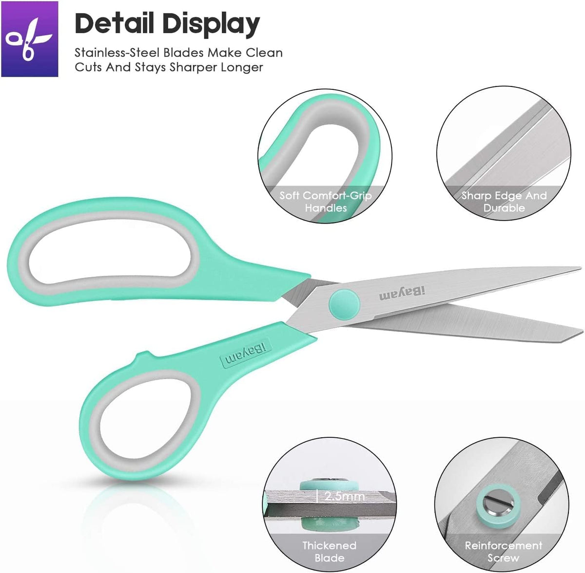 iBayam 8.5" Heavy Duty Scissors All Purpose for Office School Crafts Sewing | 3-Pack, Ultra-Sharp 2.5mm Stainless Blades, Comfort Grip Handles, Left & Right Handed – Teacher Desk & Classroom Must-Have