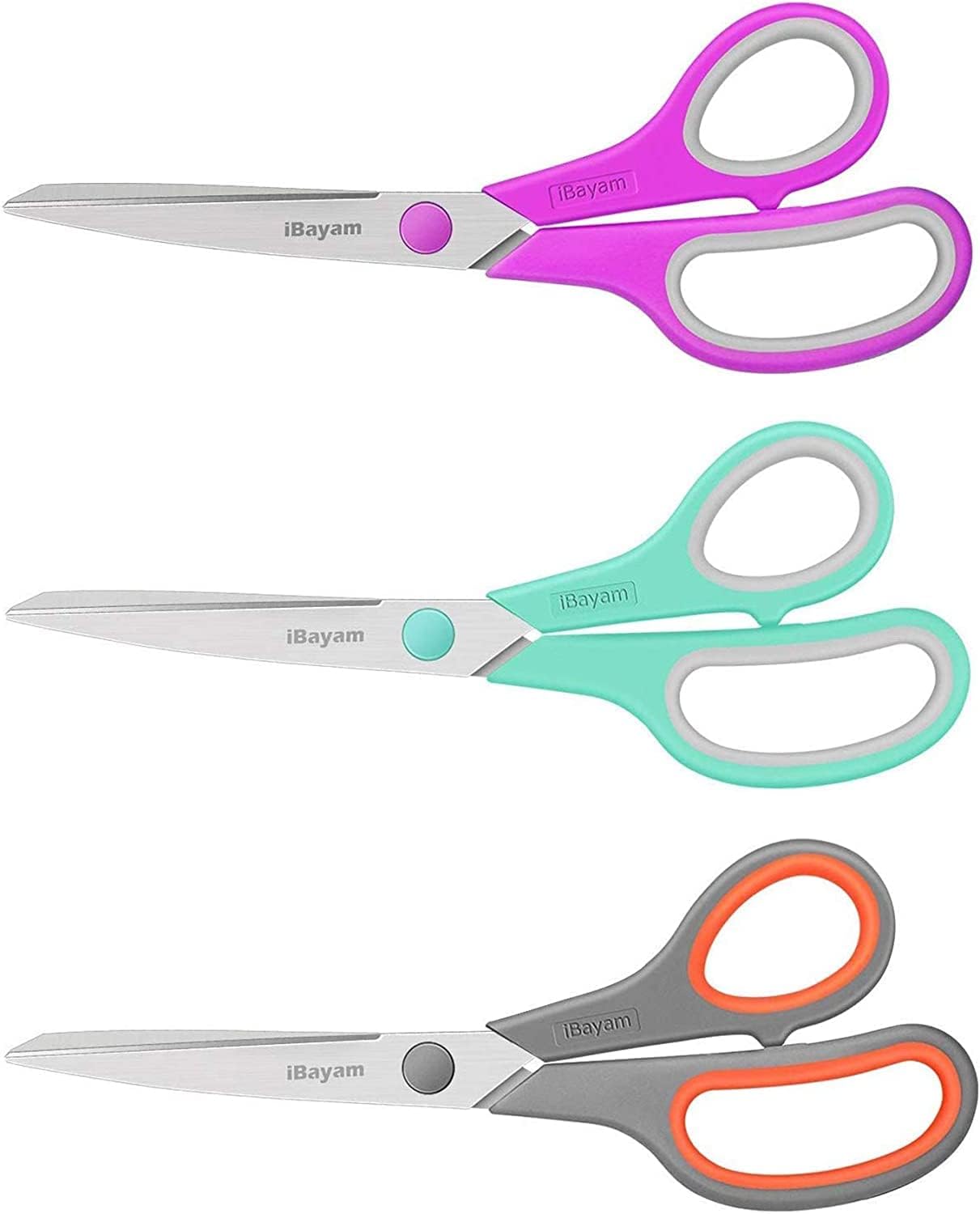 iBayam 8.5" Heavy Duty Scissors All Purpose for Office School Crafts Sewing | 3-Pack, Ultra-Sharp 2.5mm Stainless Blades, Comfort Grip Handles, Left & Right Handed – Teacher Desk & Classroom Must-Have