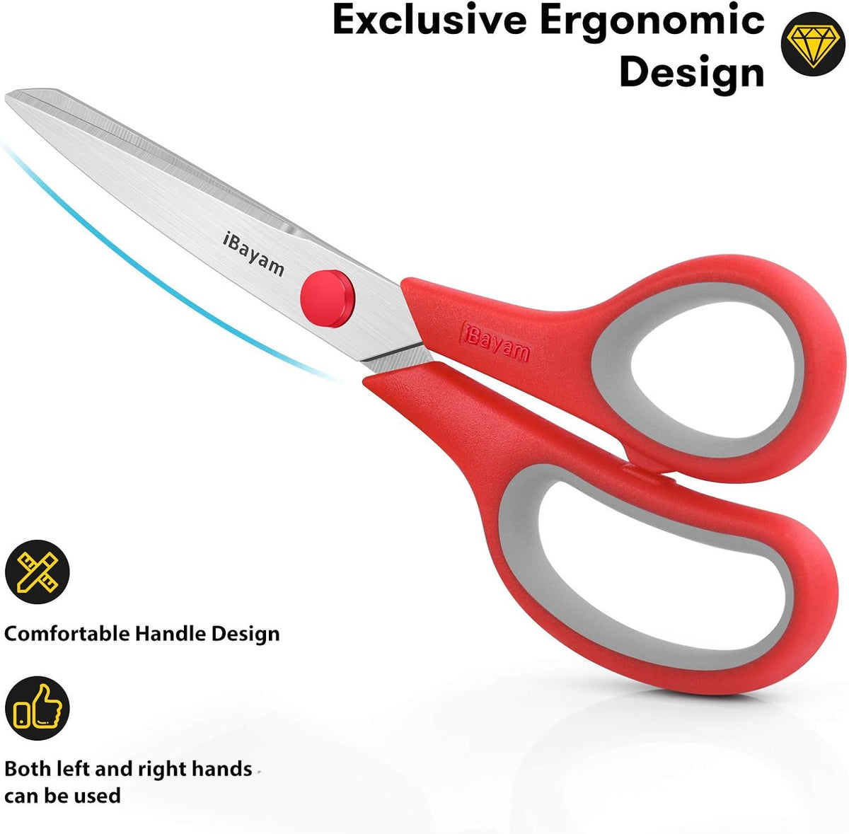iBayam 8.5" Heavy Duty Scissors All Purpose for Office School Crafts Sewing | 3-Pack, Ultra-Sharp 2.5mm Stainless Blades, Comfort Grip Handles, Left & Right Handed – Teacher Desk & Classroom Must-Have