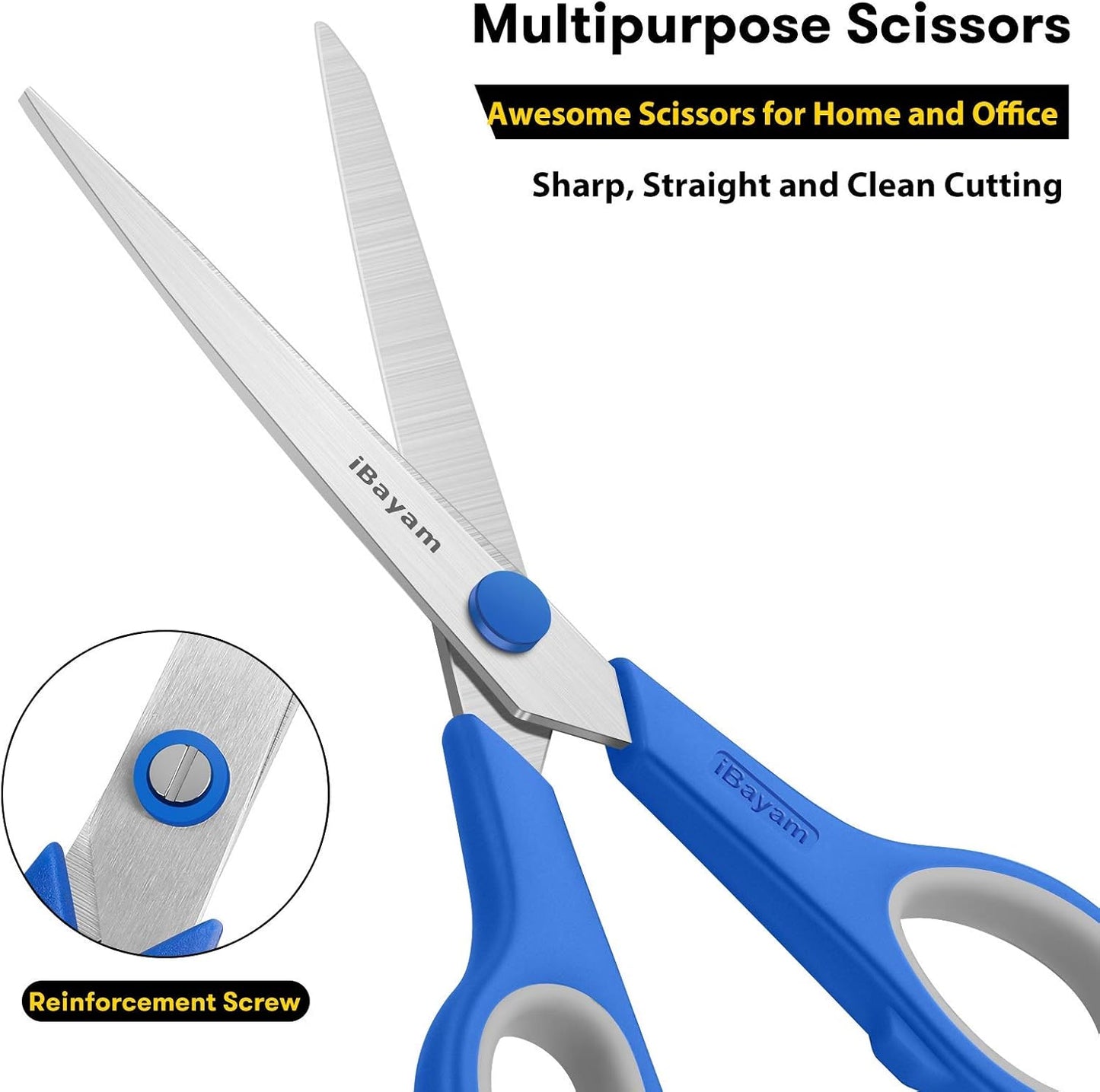 iBayam 8.5" Heavy Duty Scissors All Purpose for Office School Crafts Sewing | 3-Pack, Ultra-Sharp 2.5mm Stainless Blades, Comfort Grip Handles, Left & Right Handed – Teacher Desk & Classroom Must-Have