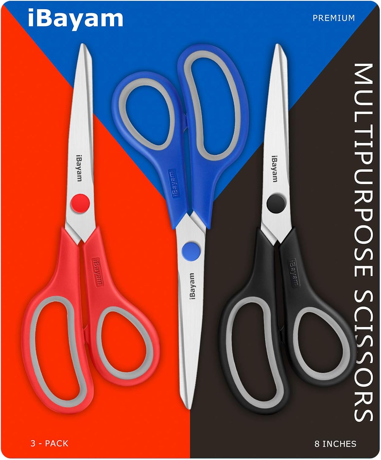 iBayam 8.5" Heavy Duty Scissors All Purpose for Office School Crafts Sewing | 3-Pack, Ultra-Sharp 2.5mm Stainless Blades, Comfort Grip Handles, Left & Right Handed – Teacher Desk & Classroom Must-Have